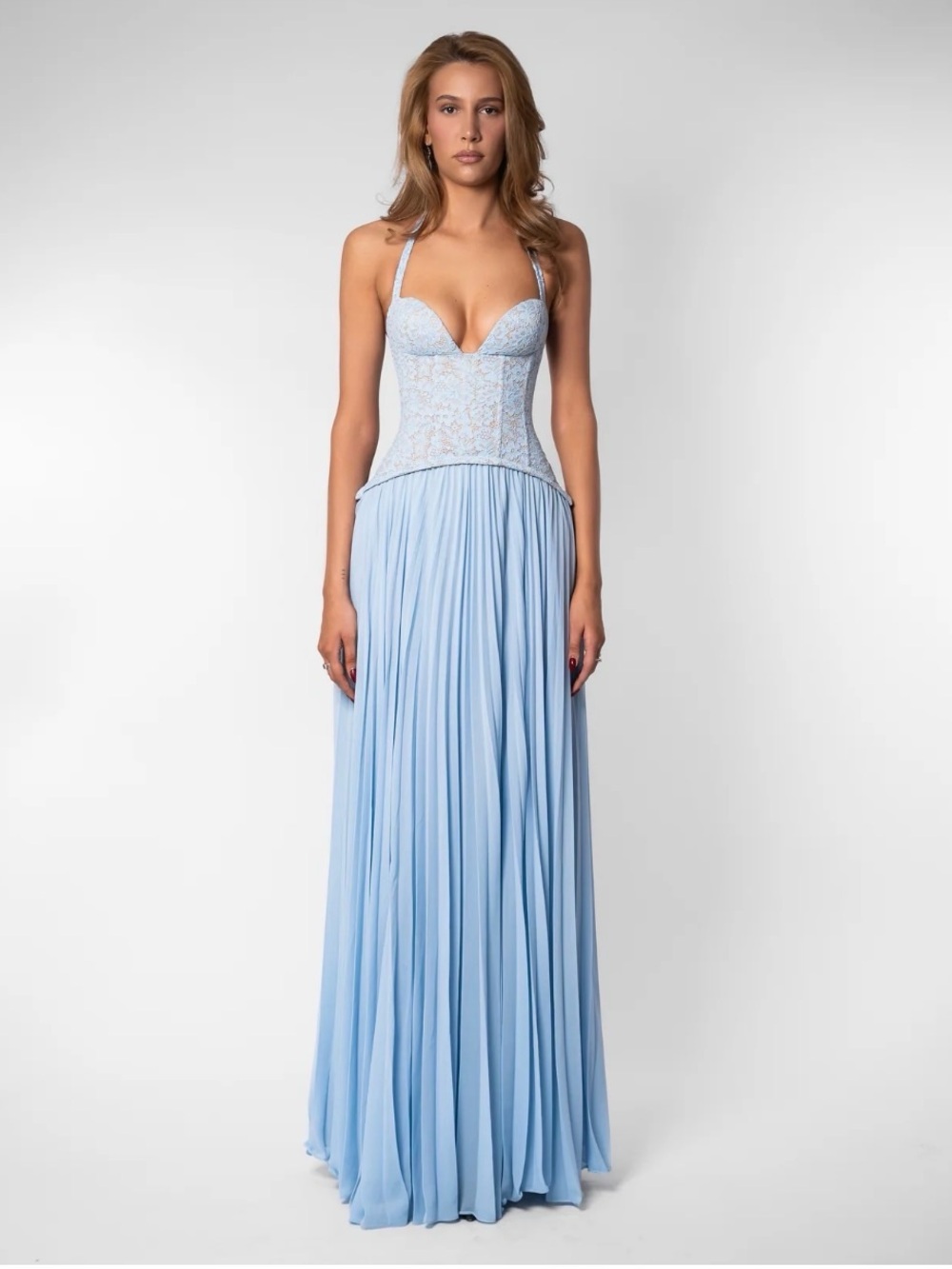 Elegant Light Blue Lace Bodice Halter Evening Dress